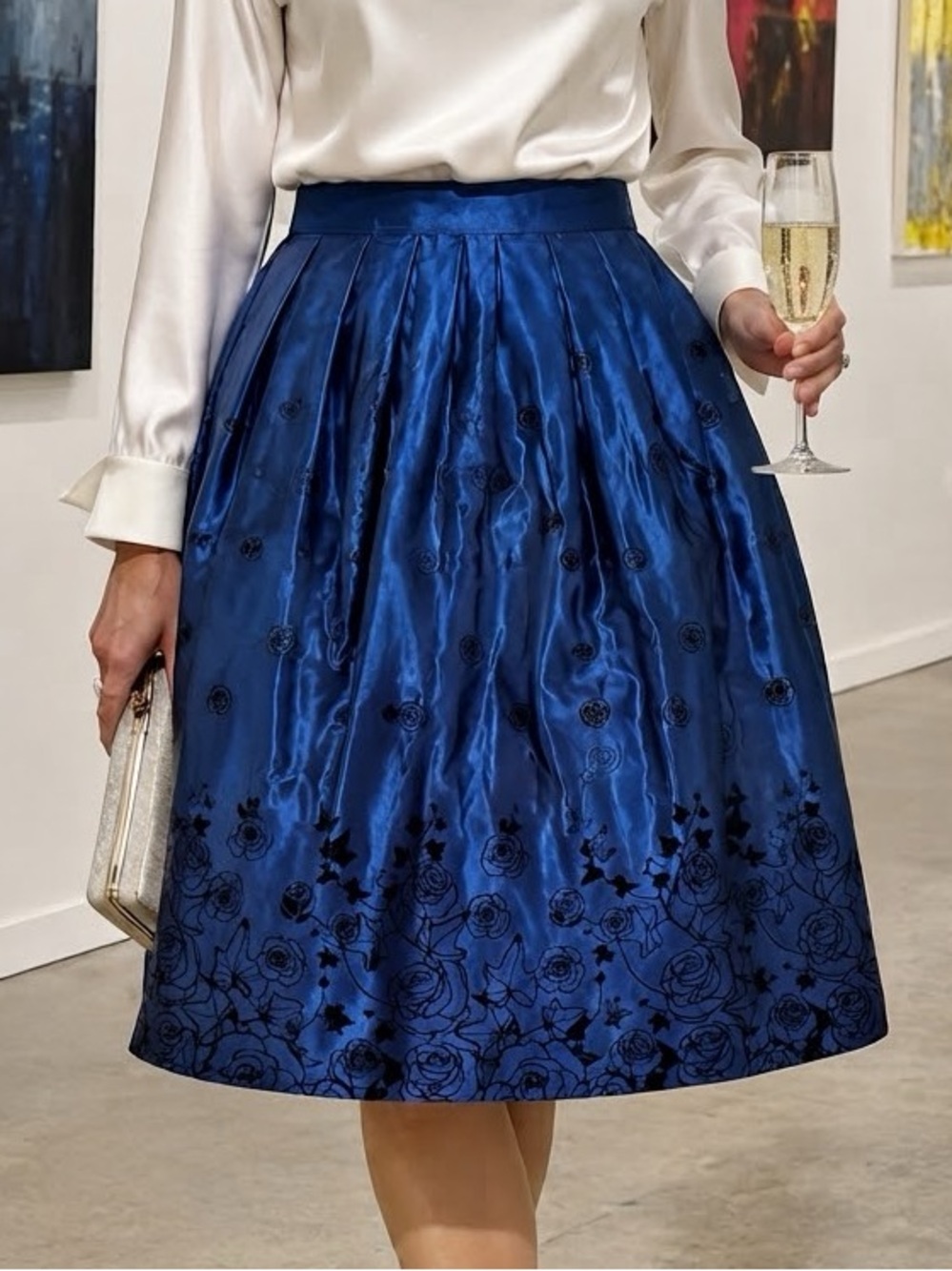 Navy Blue Rose Flocked Satin Pleated Midi Skirt Size S Elegant Embroidered